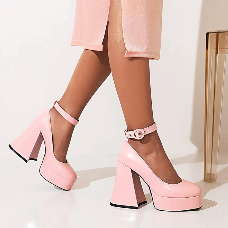 Women's Shallow Ankle Strap Chunky Heel Platform Pumps