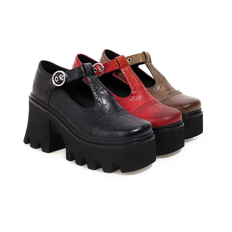 Women's Square Toe T Strap Block Heel Platform Pumps