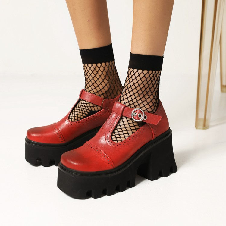 Women's Square Toe T Strap Block Heel Platform Pumps