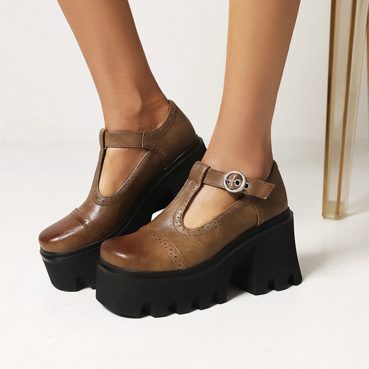 Women's Square Toe T Strap Block Heel Platform Pumps