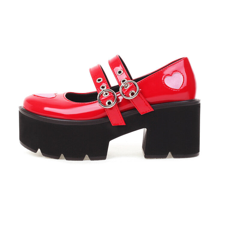 Women's Love Hearts Mary Janes Buckle Straps Block Heel Platform Pumps