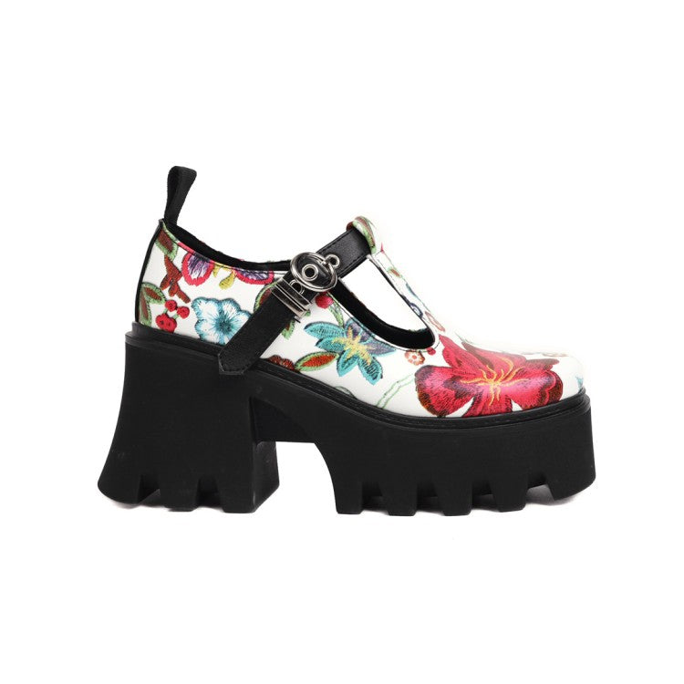 Women's Flora Printed T Strap Buckle Straps Block Heel Platform Pumps