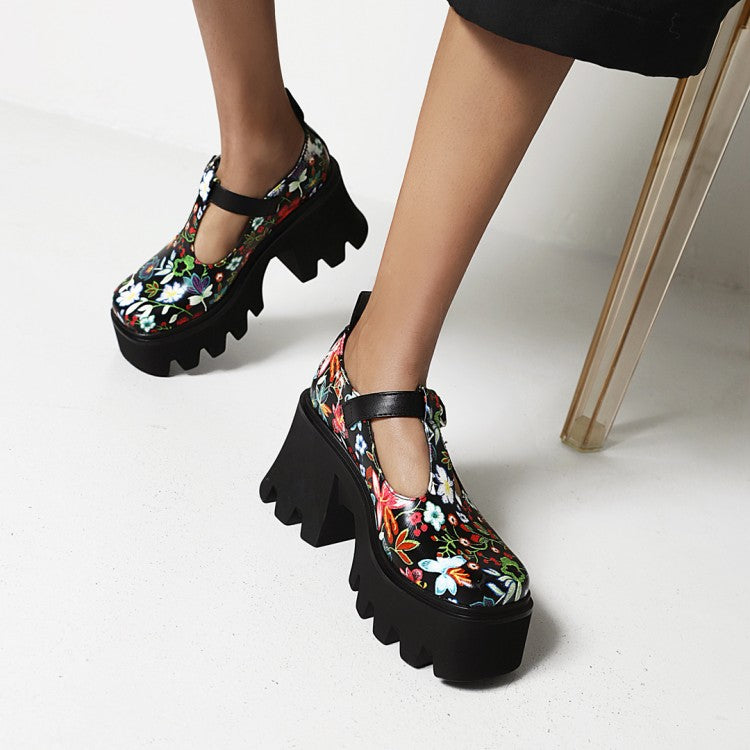 Women's Flora Printed T Strap Buckle Straps Block Heel Platform Pumps