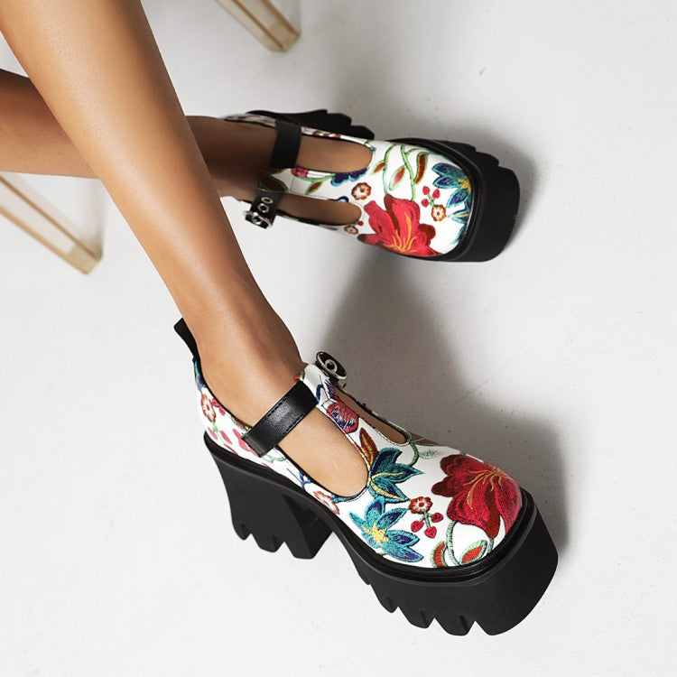 Women's Flora Printed T Strap Buckle Straps Block Heel Platform Pumps