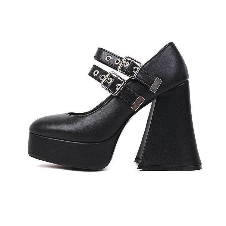 Women's Mary Janes Buckle Straps Block Heel Platform Pumps