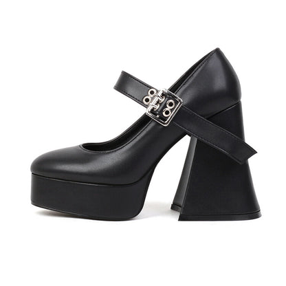 Women's Shallow Mary Janes Buckle Straps Block Heel Platform Pumps