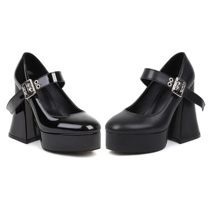 Women's Shallow Mary Janes Buckle Straps Block Heel Platform Pumps