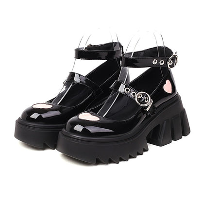 Women's Love Hearts Mary Janes Buckle Ankle Strap Block Heel Platform Pumps