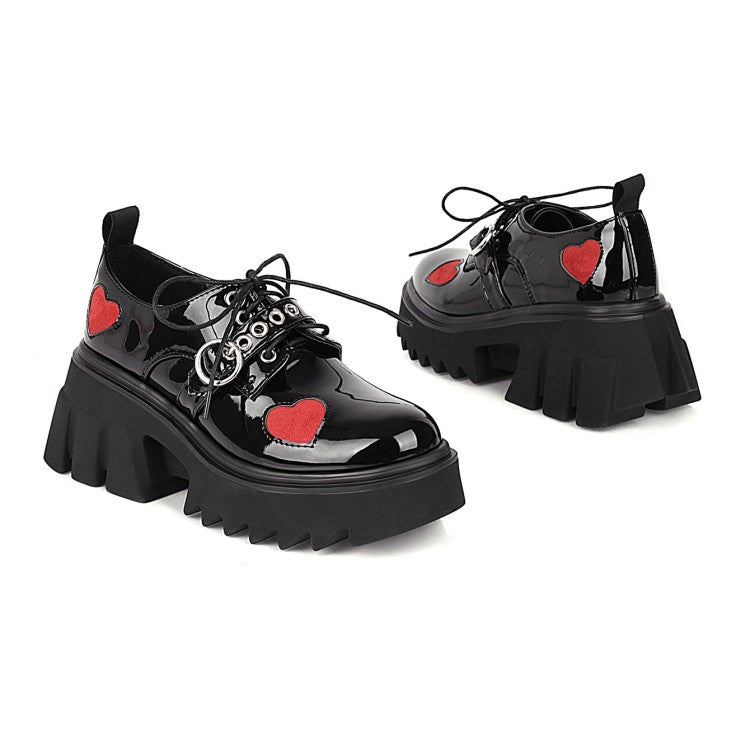 Women Love Hearts Buckle Straps Lace Up Block Heel Platform Derbies