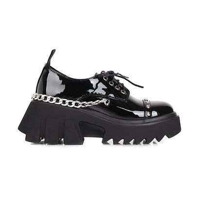 Women Pu Leather Round Toe Metal Rivets Lace Up Chains Block Heel Platform Derbies