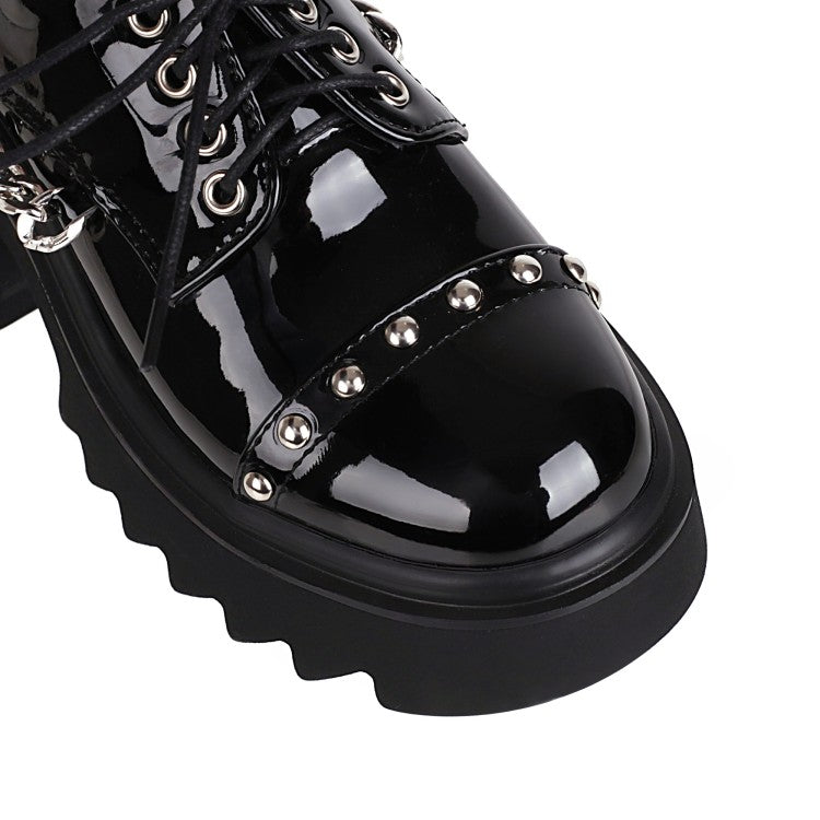 Women Pu Leather Round Toe Metal Rivets Lace Up Chains Block Heel Platform Derbies