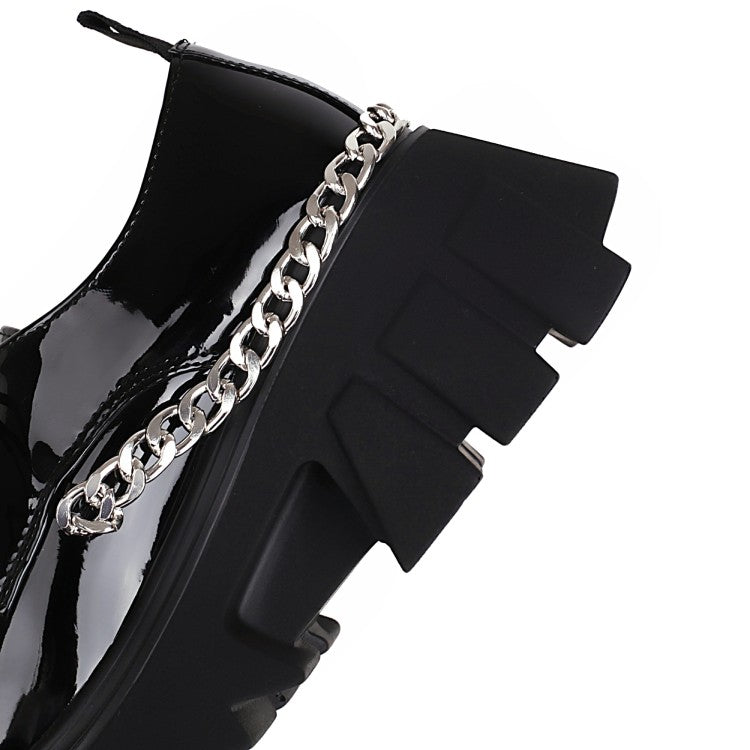 Women Pu Leather Round Toe Metal Rivets Lace Up Chains Block Heel Platform Derbies