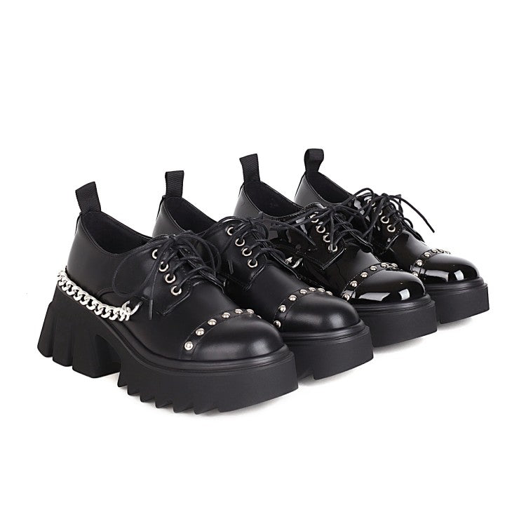 Women Pu Leather Round Toe Metal Rivets Lace Up Chains Block Heel Platform Derbies