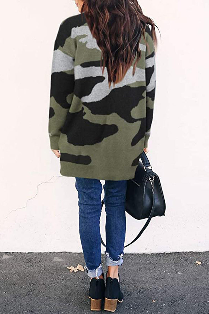 Cardigans Kniting Bicolor Camo Long Sleeves for Women