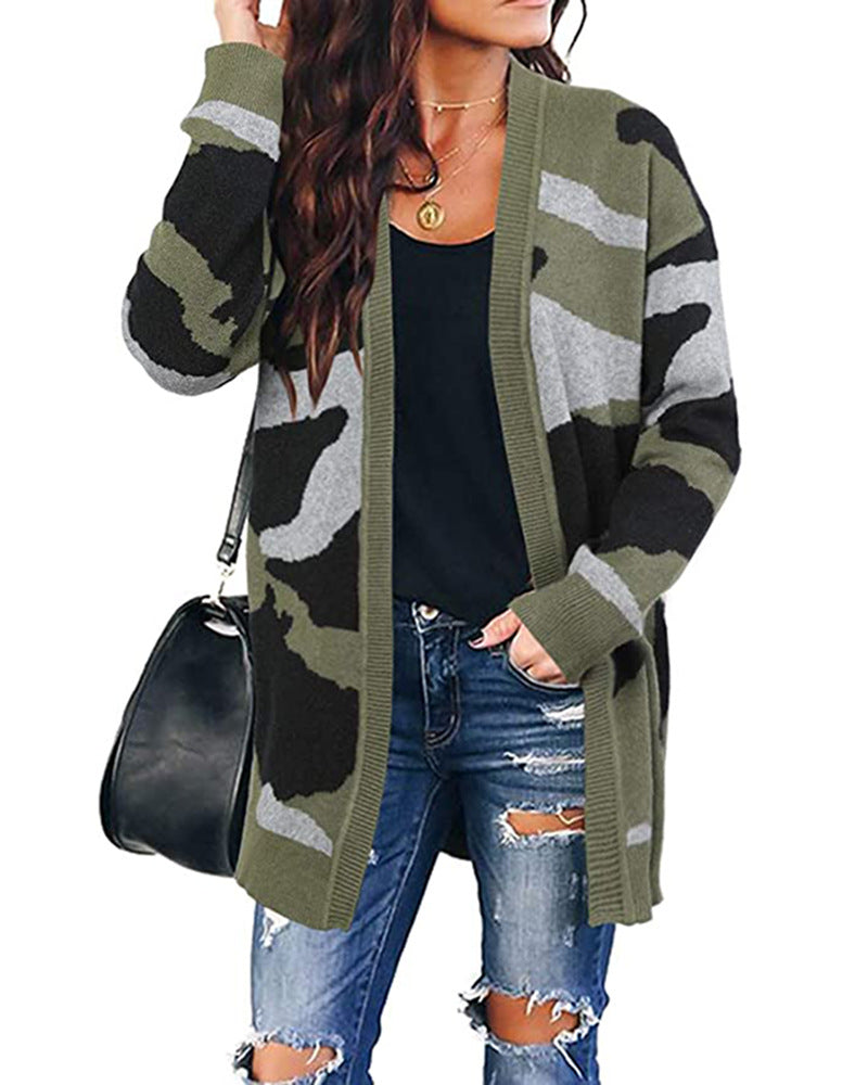 Cardigans Kniting Bicolor Camo Long Sleeves for Women