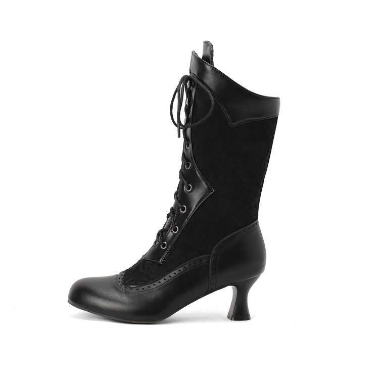 Women's Lace-Up Round Toe Hoof Heel Mid Calf Boots