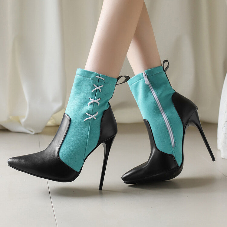 Women's Patchwork Pointed Toe Thin Heel Short Boots