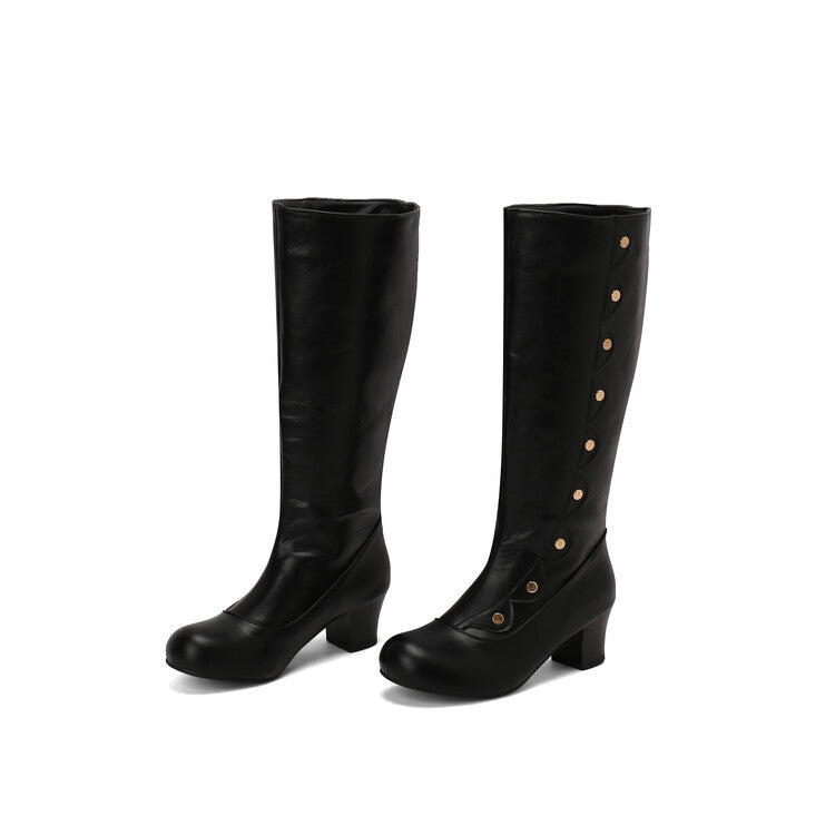 Women's Ruffles Rivets Round Toe Block Heel Knee High Boots