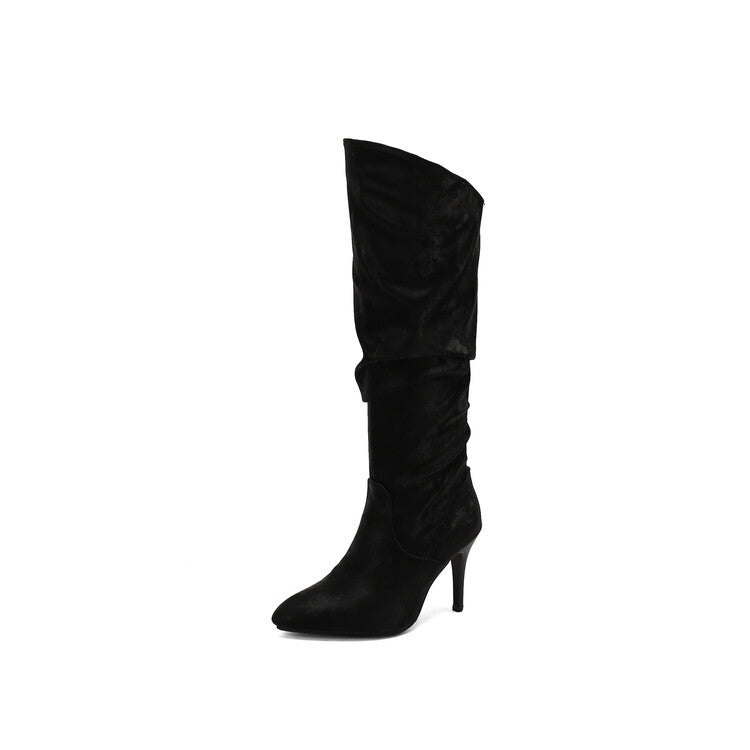 Women's Pleated Pointed Toe Thin Heel Knee High Boots