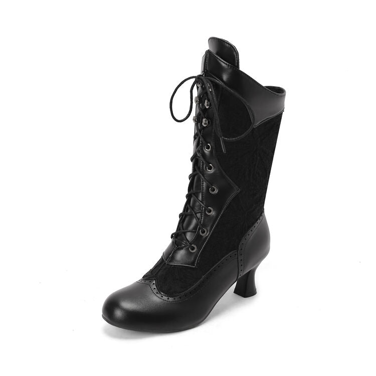 Women's Lace-Up Round Toe Hoof Heel Mid Calf Boots