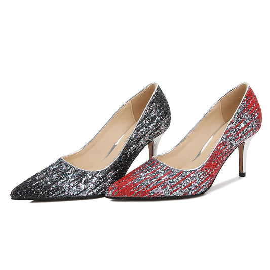 Ladies French Style Sequins Shallow Stiletto Heel Pumps