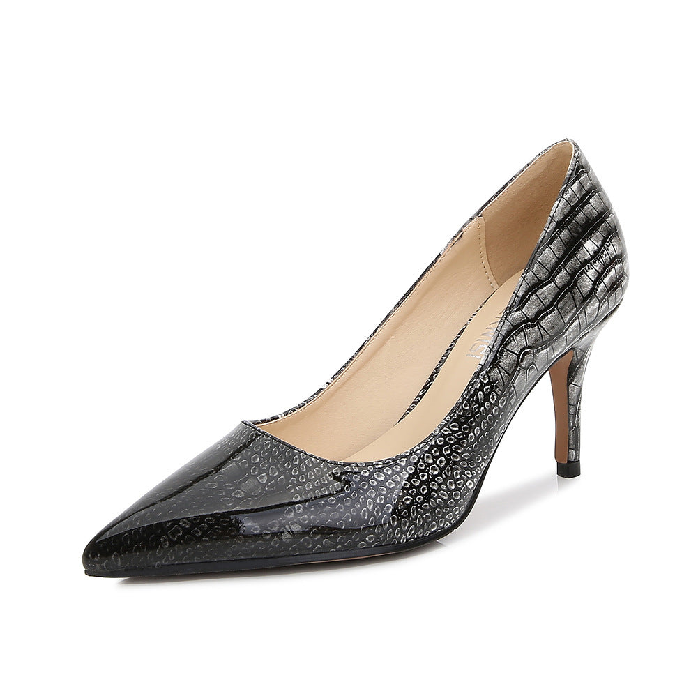 Ladies Glossy Snake Printed Shallow Stiletto Heel Pumps