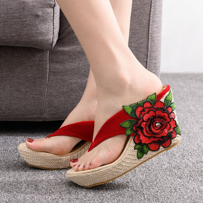 Women Embroidery Flora Wedge Heel Flip Flops