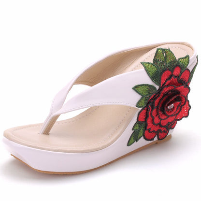 Women Embroidery Flora Wedge Heel Flip Flops