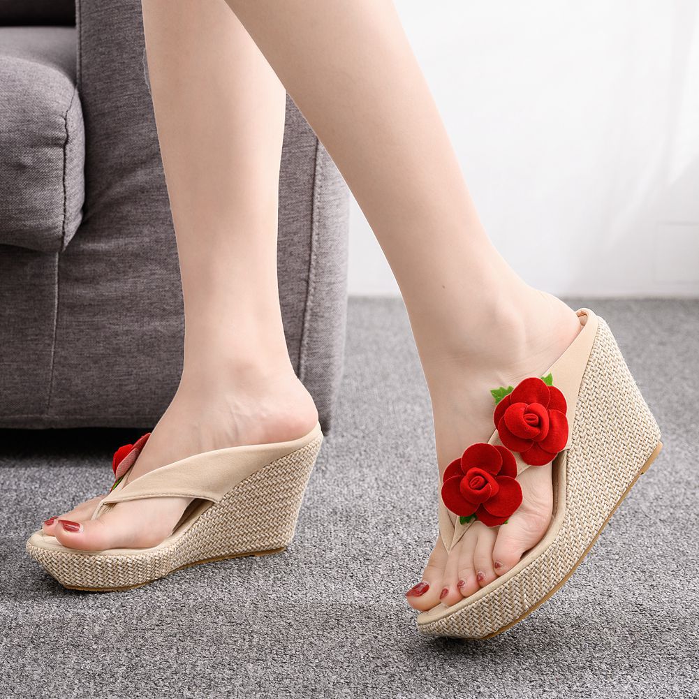 Women Bohemia Flora Sandbeach Platform Wedge Heel Flip Flops Slides