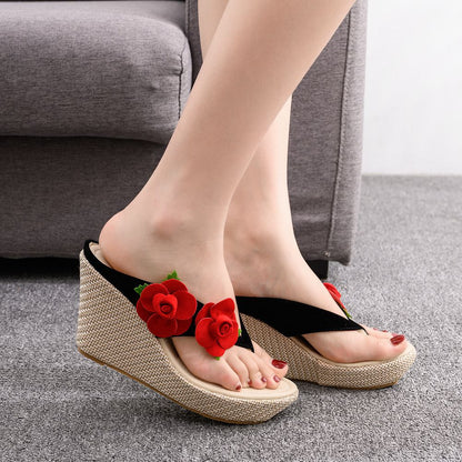 Women Bohemia Flora Sandbeach Platform Wedge Heel Flip Flops Slides