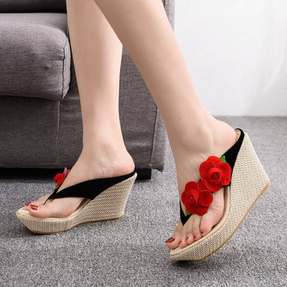 Women Bohemia Flora Sandbeach Platform Wedge Heel Flip Flops Slides