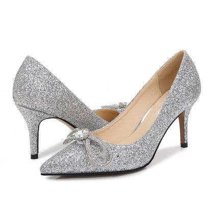 Ladies Glittery Rhinestone Bow Tie Shallow Stiletto Heel Pumps