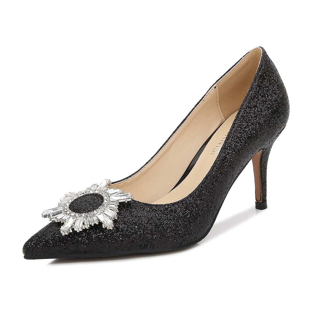 Ladies Glittery Rhinestone Sunflower Shallow Stiletto Heel Pumps