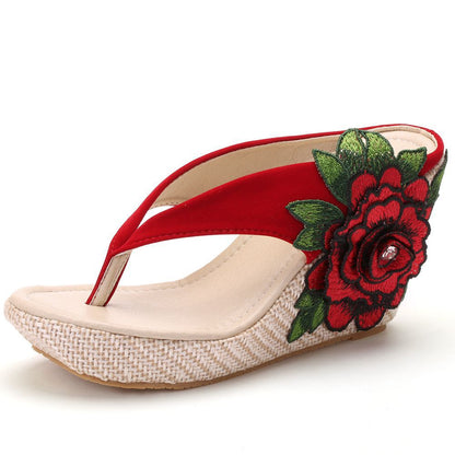 Women Embroidery Flora Wedge Heel Flip Flops