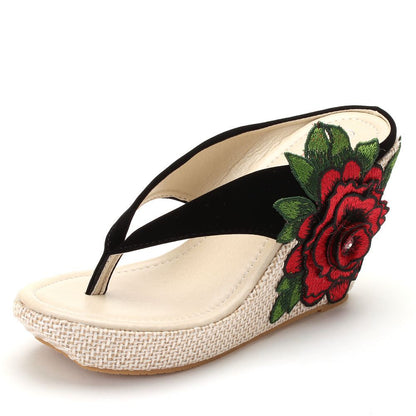 Women Embroidery Flora Wedge Heel Flip Flops