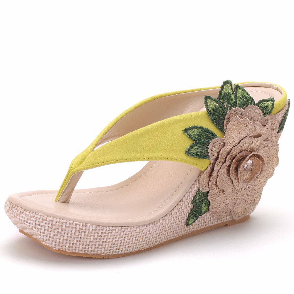 Women Embroidery Flora Wedge Heel Flip Flops