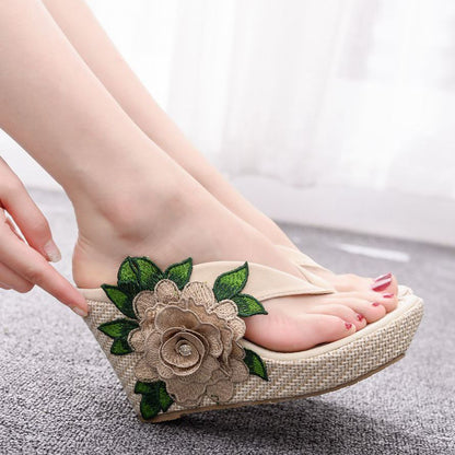 Women Embroidery Flora Wedge Heel Flip Flops