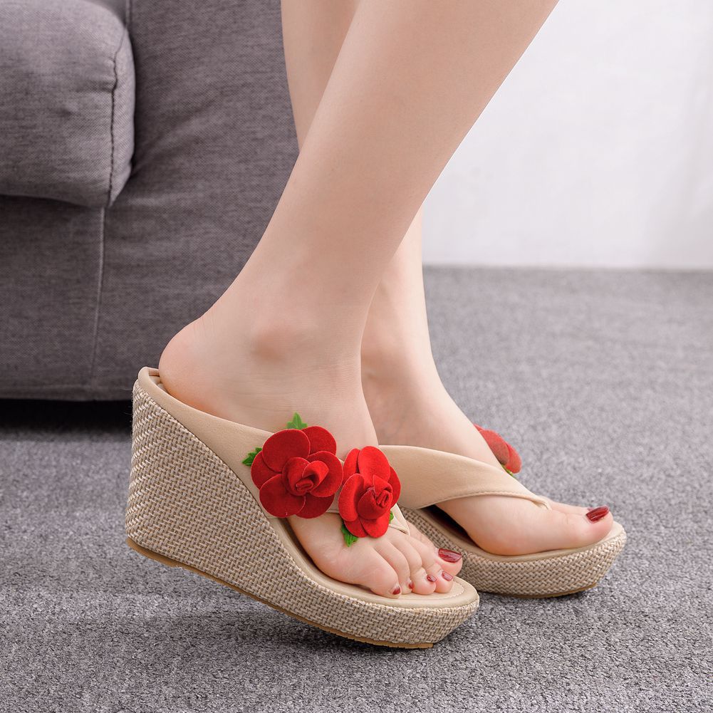 Women Bohemia Flora Sandbeach Platform Wedge Heel Flip Flops Slides