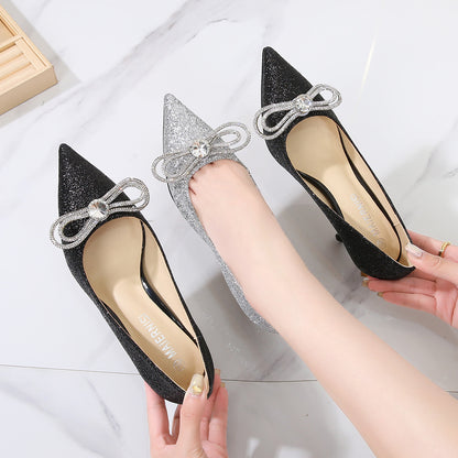 Ladies Glittery Rhinestone Bow Tie Shallow Stiletto Heel Pumps