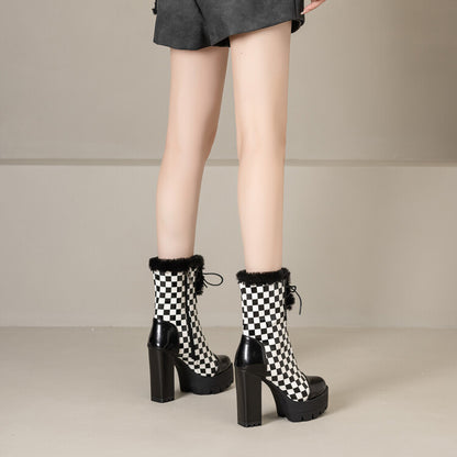 Women's Plush Plaid Lace-Up Platform Heels Mid Calf Boots