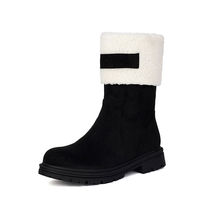 Women's Patchwork Plush Flat Mid Calf Snow Boots