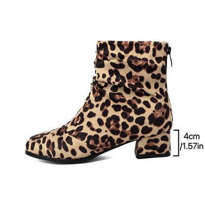 Women'S Leopard Print Round Toe Block Heel Ankle Boots