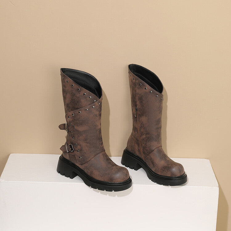 Women's Buckle Belt Rivets Mid Calf Boots
