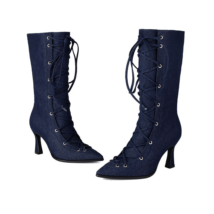 Women's Denim Cross Straps High Heel Mid Calf Boots