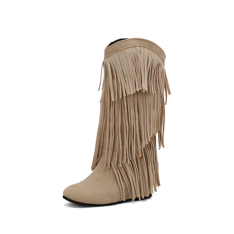 Women's Tassel Round Toe Wedge Heel Mid Calf Boots