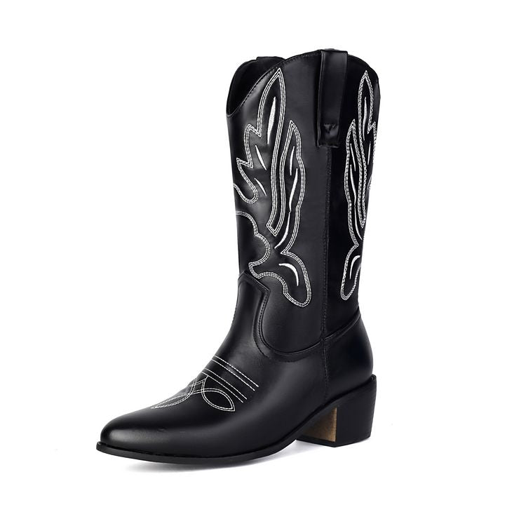 Women's Embroider Pointed Toe Low Heel Mid Calf Western Boots