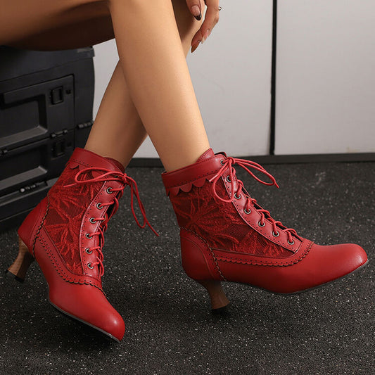 Women's Lace-Up Round Toe High Heel Ankle Boots