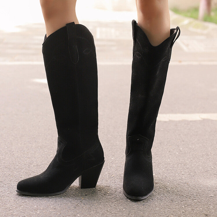 Women's Embroider Pointed Toe Block Heel Knee High Western Boots