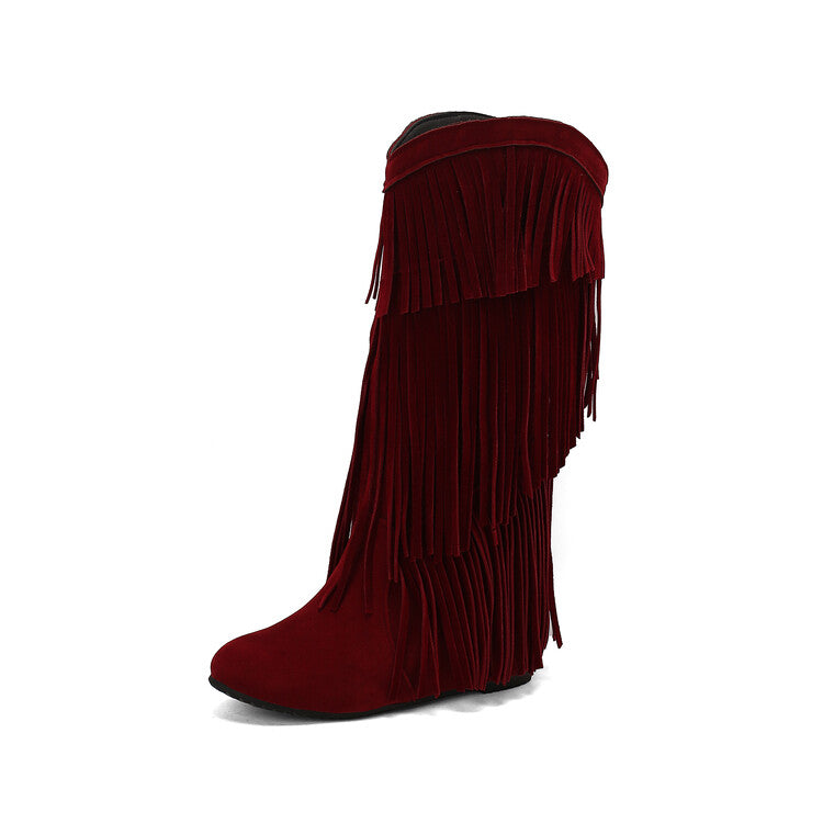 Women's Tassel Round Toe Wedge Heel Mid Calf Boots