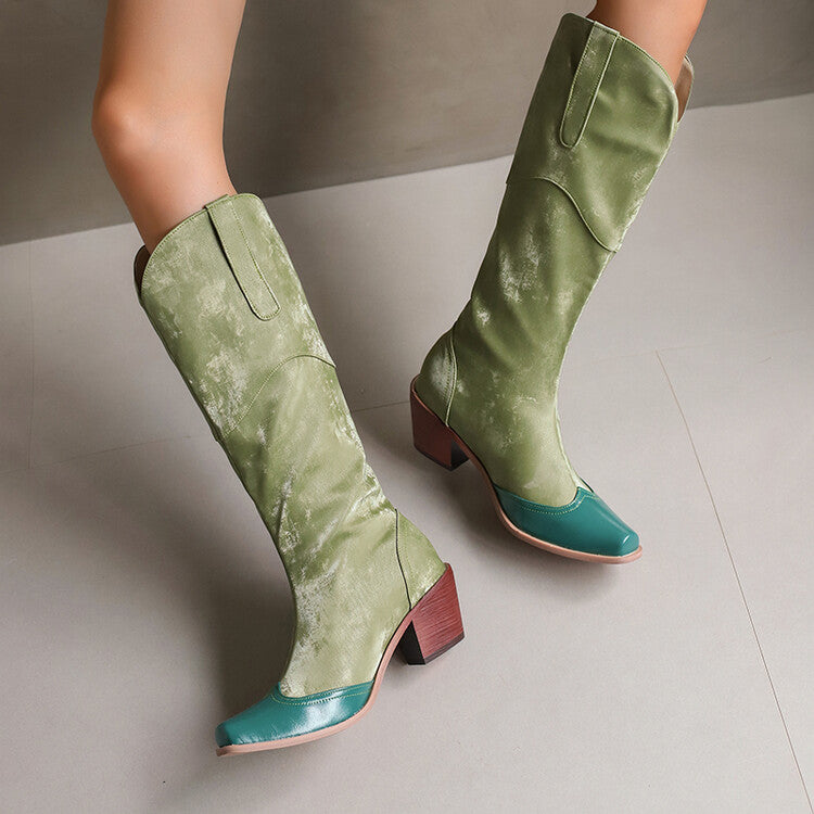 Women's Patchwork Pointed Toe Block Heel Knee High Western Boots